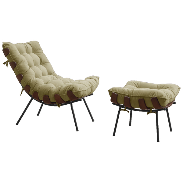 Conjunto Decorativo Poltrona E Puff Abel Base De Madeira Pret