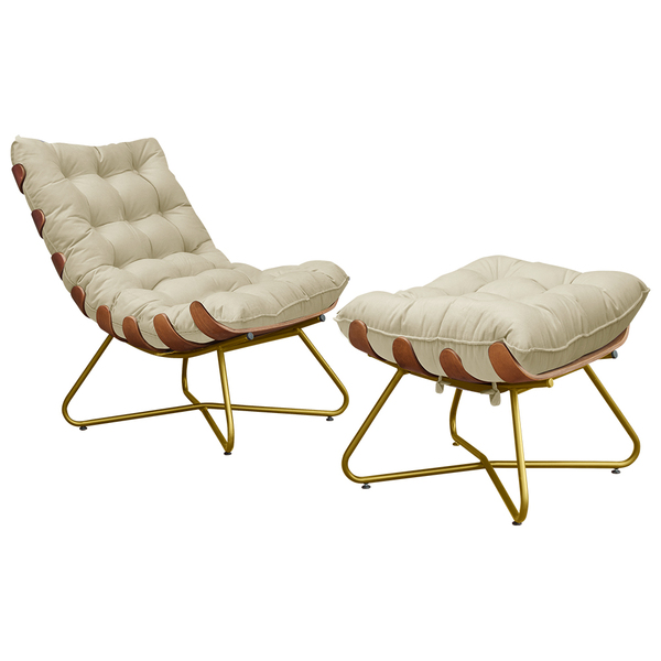 Conjunto Decorativo Poltrona E Puff Caim Base De Madeira Dour