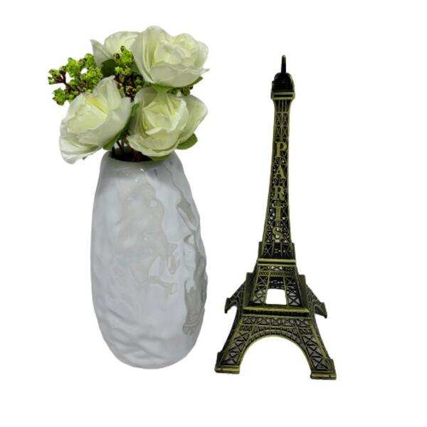 Conjunto Decorativo Vaso Branco Com Brilho E Torre Paris