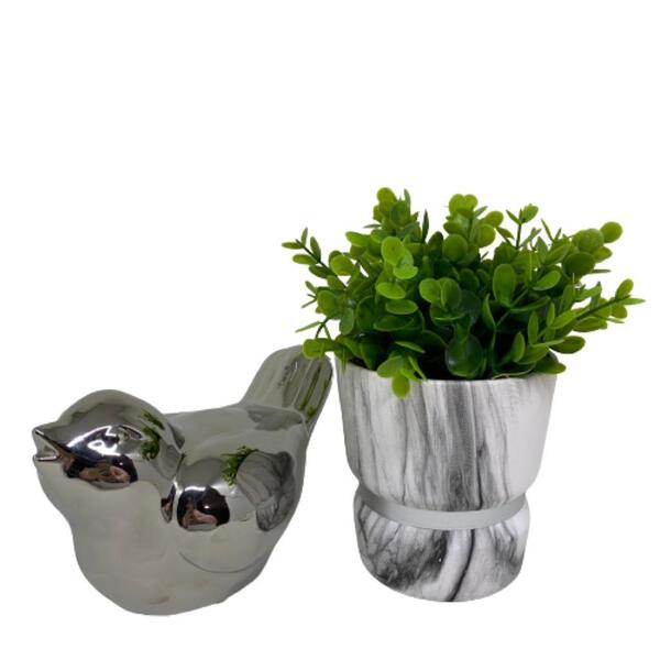 Conjunto Decorativo Vaso Estampa Mármore E Pássaro Grande