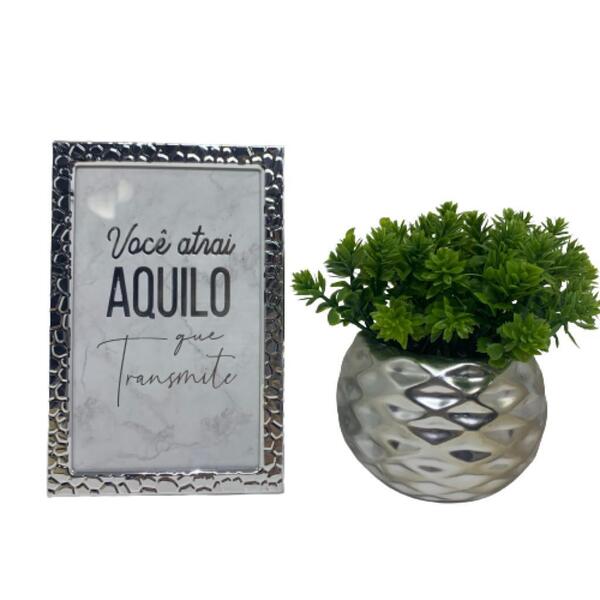 Conjunto Decorativo Vaso Geométrico 3d E Porta Retrato Prata
