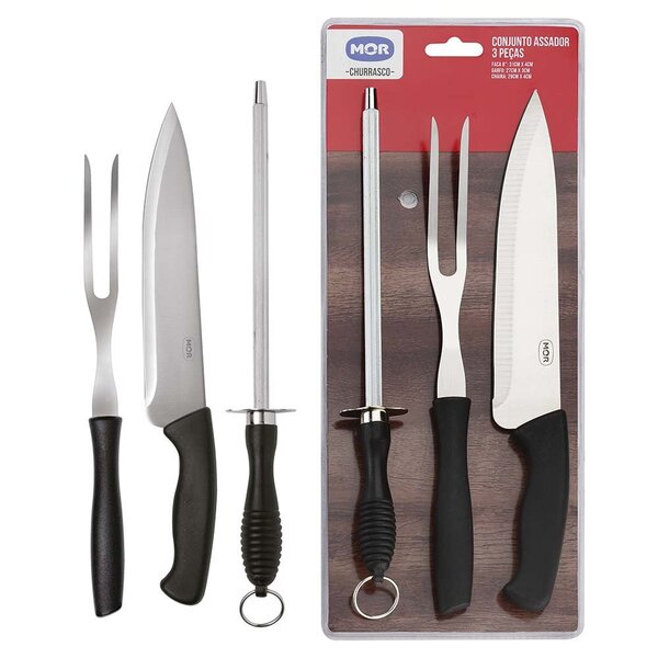 Conjunto Do Assador Mor 3 Peças Faca, Garfo E Chaira