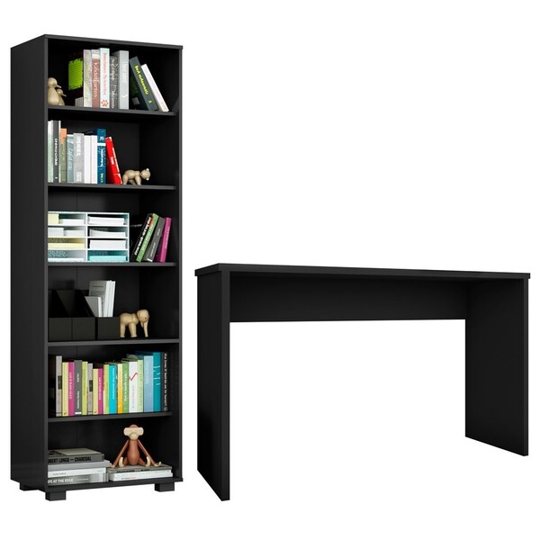 Conjunto Escritório 2 Peças Mesa Gávea E Estante Office Preto