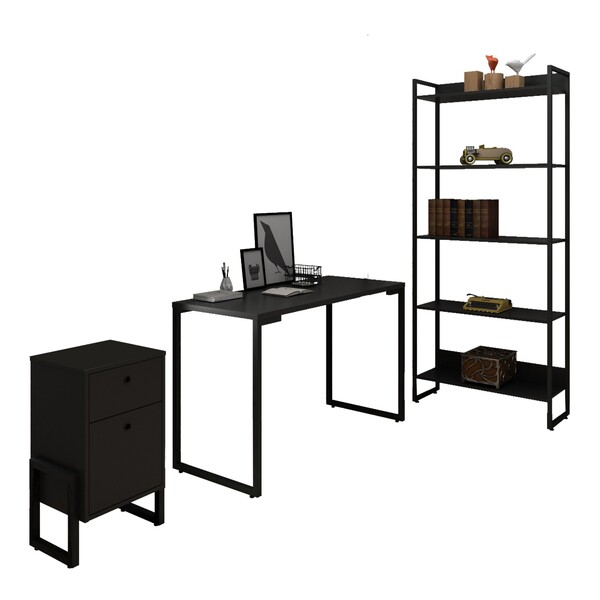 Conjunto Escritório 3 Peças Mesa 120cm Estante 5 Prateleiras