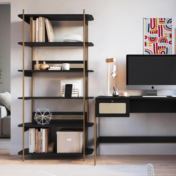 Conjunto Escrivaninha 2 Gavetas E Estante Palhinha Pé Metal O