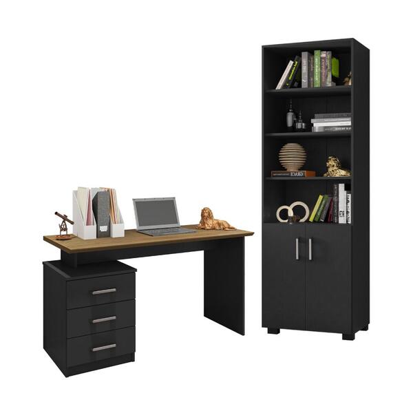 Conjunto Escrivaninha E Armário Com Portas Zoe Preto Freijó