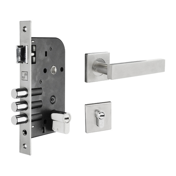 Conjunto Fechadura Forma Externa Euro Roseta Quadrada Escovada