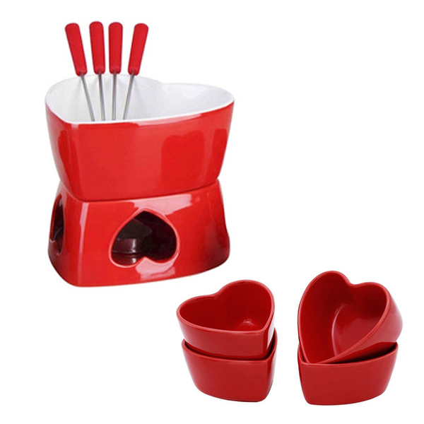 Conjunto Fondue Ceramica 10 Peças Coraçao Garfo Panela Ramequ