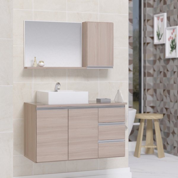 Conjunto Gabinete Banheiro Completo Prisma 80cm Madeirado Int