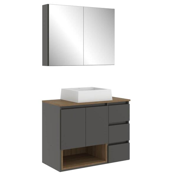 Conjunto Gabinete De Banheiro 80cm Mel Grafite Vitória Com Es
