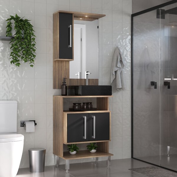 Conjunto Gabinete De Banheiro Com Cuba E Espelheira Led Elega