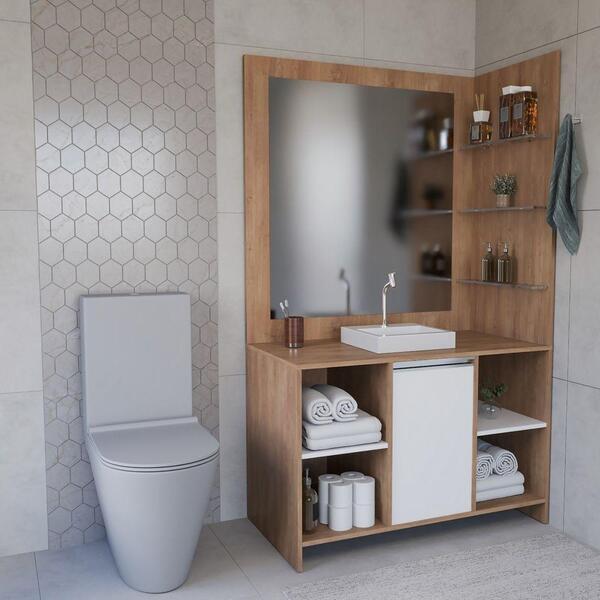 Conjunto Gabinete Espelheira Plena Grand 100cm Freijo Branco