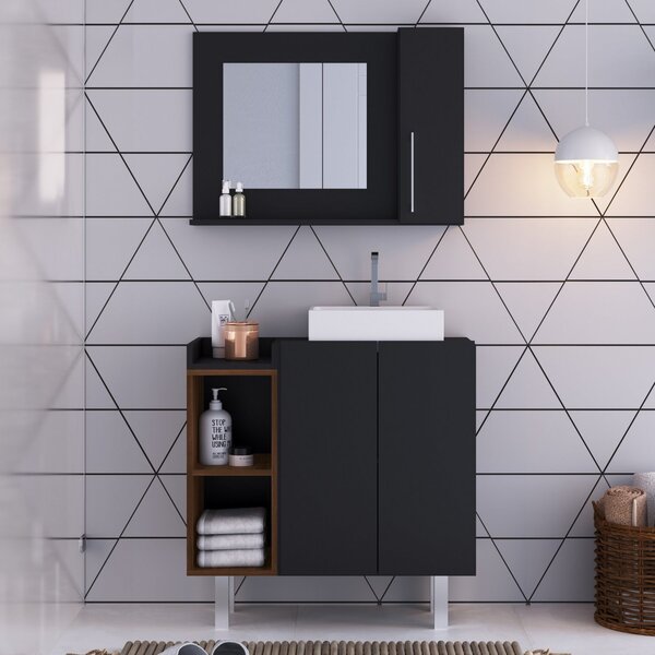 Conjunto Gabinete Para Banheiro 3 Portas E 1 Nicho  Preto/mad