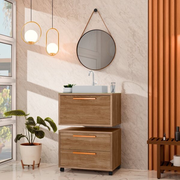 Conjunto Gabinete Para Banheiro Com Rodizio, Tampo De Vidro,