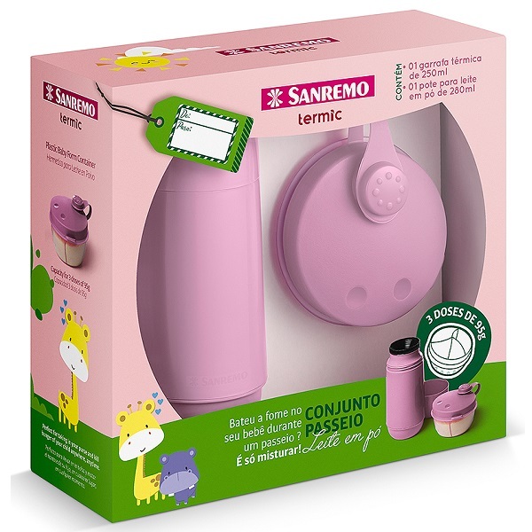 Conjunto Garrafa Termica 250ml E Pote Para Leite Em Po Rosa S