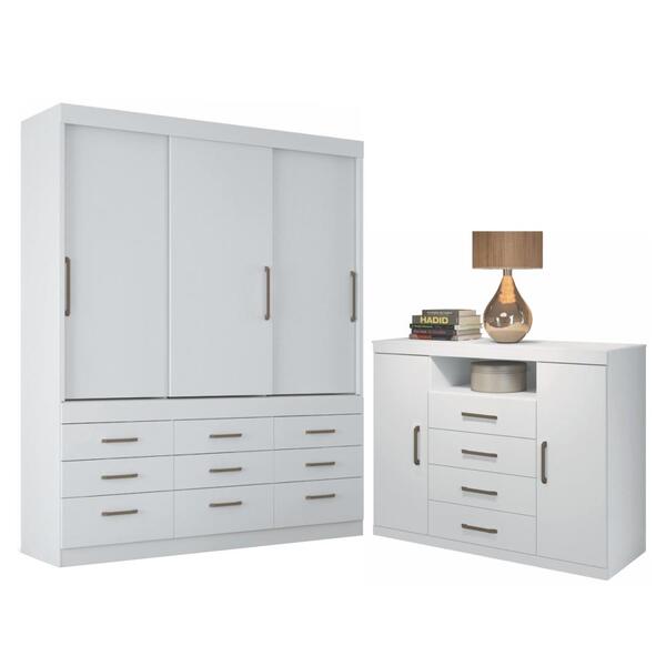 Conjunto Guarda Roupa 3 Portas E Cômoda Chef Branco