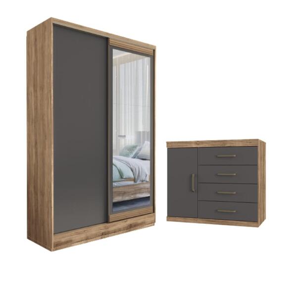 Conjunto Guarda Roupa Com Espelho E Cômoda Aurora Atacama Gra