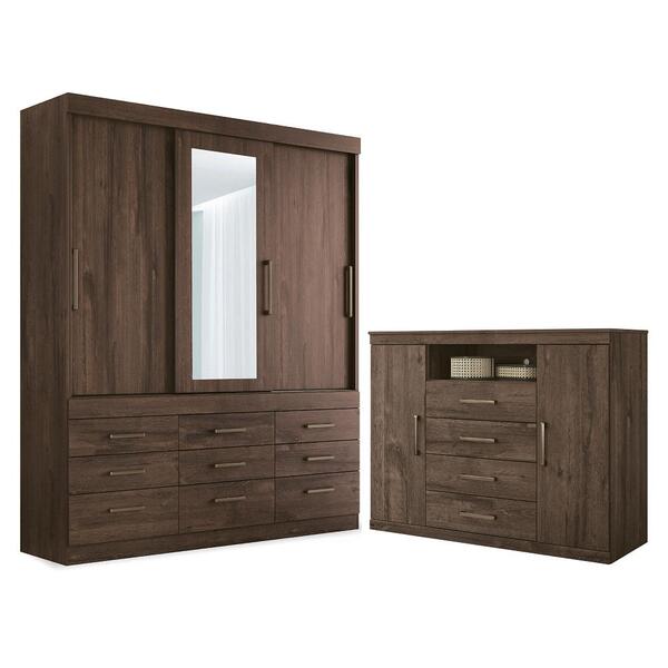 Conjunto Guarda Roupa Com Espelho E Cômoda Chef Ébano