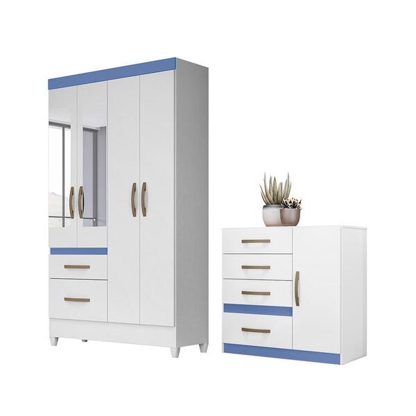 Conjunto Guarda Roupa Com Espelho E Cômoda Petra Branco Rosa