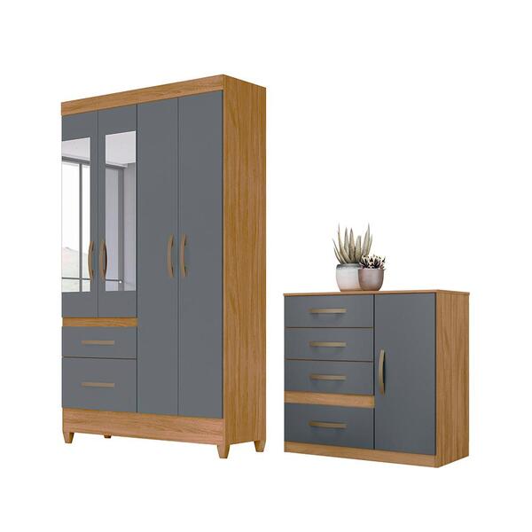 Conjunto Guarda Roupa Com Espelho E Cômoda Petra Freijó Cinza