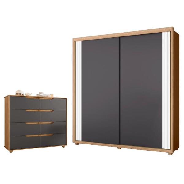 Conjunto Guarda Roupa E Cabeceira Anna Nature/titanium/branco