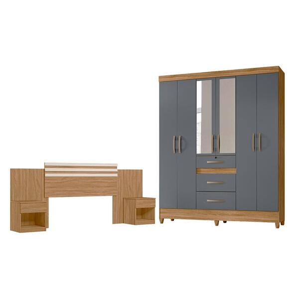 Conjunto Guarda Roupa E Cabeceira Phuket Com Espelho  Freijó