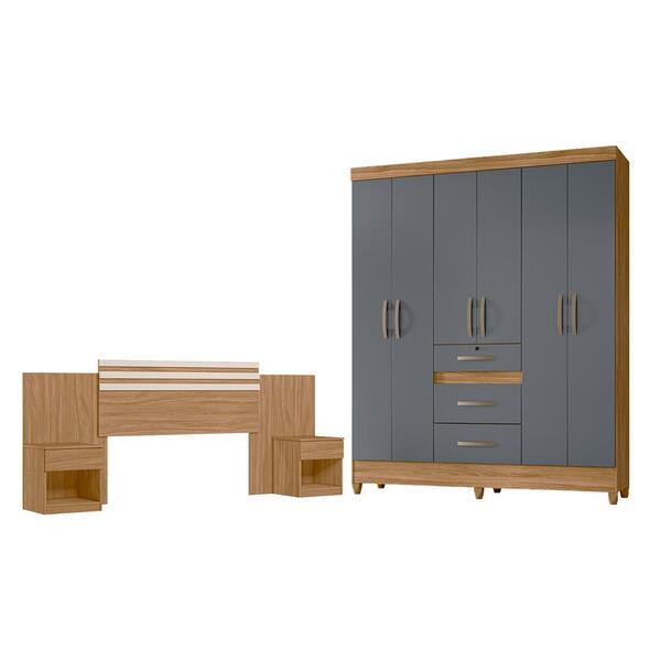 Conjunto Guarda Roupa E Cabeceira Phuket Freijó Cinza