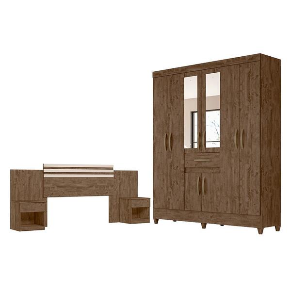 Conjunto Guarda Roupa E Cabeceira Rabbit Com Espelho Castanho