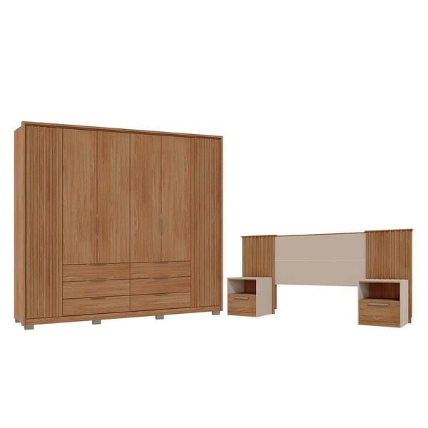 Conjunto Guarda Roupa E Cabeceira Ripados Conda Buriti Off Wh
