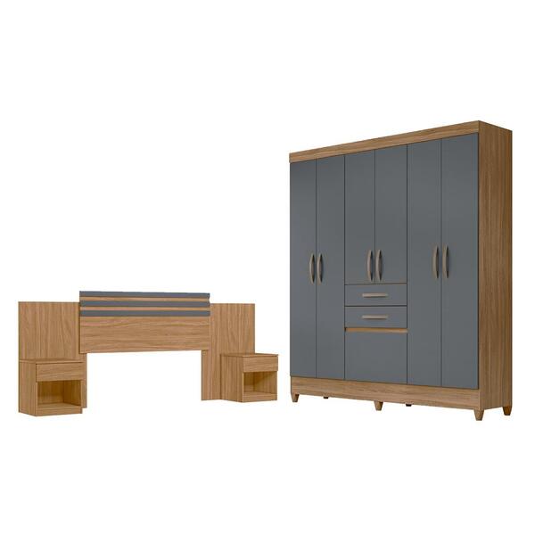 Conjunto Guarda Roupa E Cabeceira Sancho Freijó Cinza