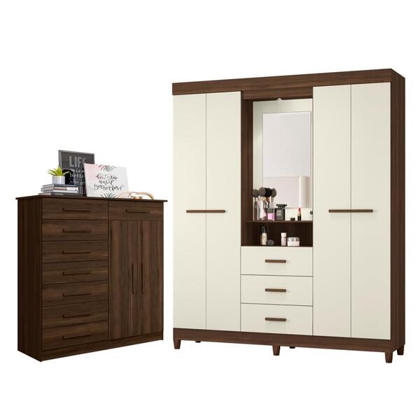 Conjunto Guarda Roupa E Cômoda Cedro Off White