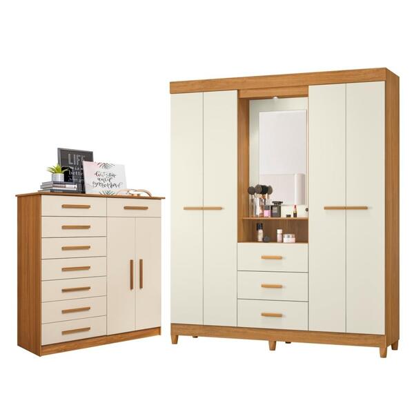 Conjunto Guarda Roupa E Cômoda Jill Carvalho Off White