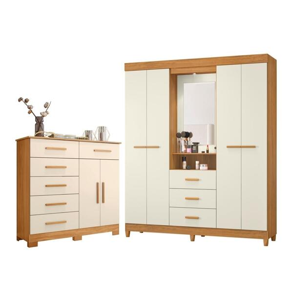 Conjunto Guarda Roupa E Cômoda Luna Carvalho Off White