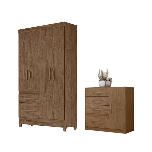 Conjunto Guarda Roupa E Cômoda Petra B Castanho Wood