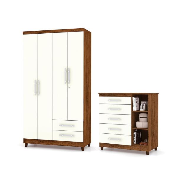 Conjunto Guarda Roupa E Cômoda Phelps Imbuia Champanhe