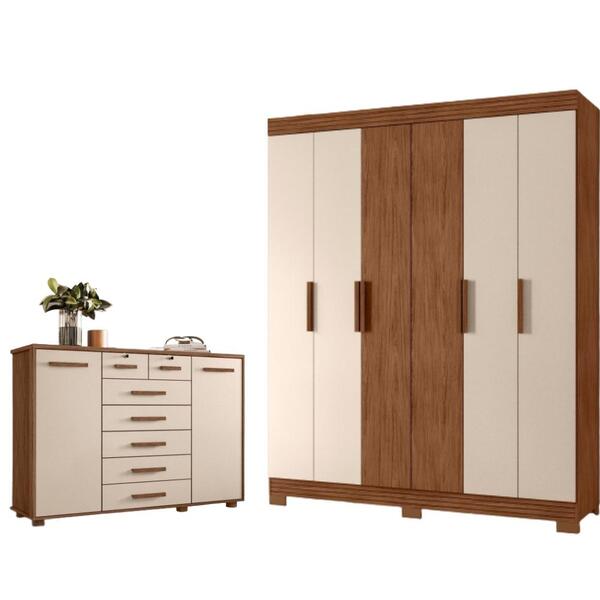 Conjunto Guarda Roupa E Cômoda Toluca Avelã Fendi Metalic