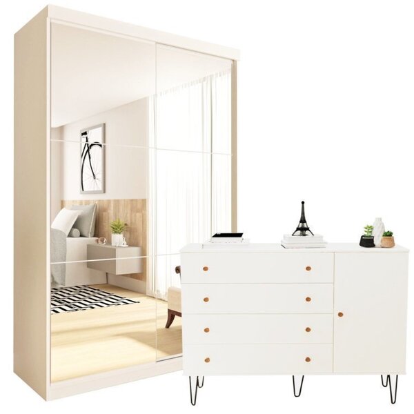 Conjunto Guarda Roupa Solteiro Premium 138cm 2 Portas E Cômod