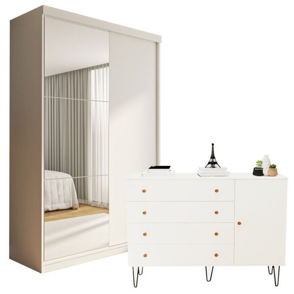 Conjunto Guarda Roupa Solteiro Premium 138cm 2 Portas E Cômod