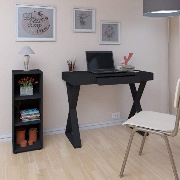 Conjunto Home Office 2 Peças Escrivaninha Com Estante 3 Nicho