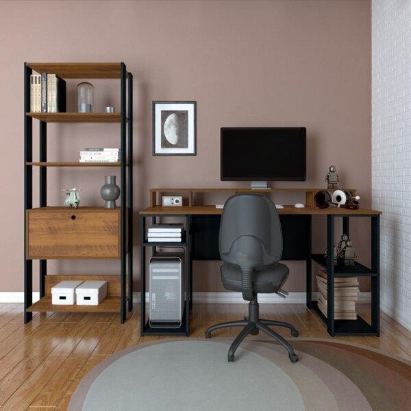 Conjunto Home Office 2 Peças Estante 4 Prateleiras 1 Porta Co