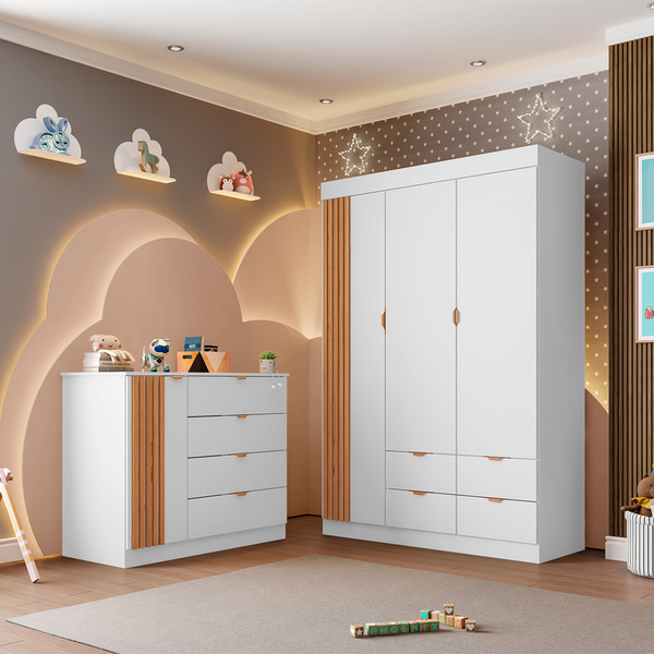 Conjunto Infantil Guarda Roupa 3 Portas E Cômoda Liz 100% Mdf