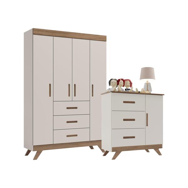 Conjunto Infantil Maya Off-white/carvalho Roupeiro E Cômoda