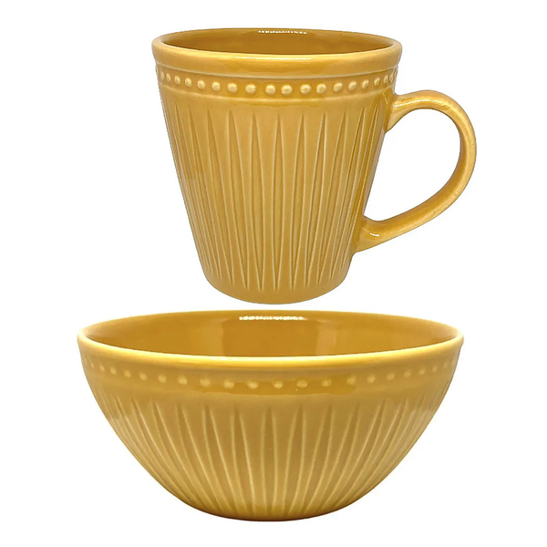 Conjunto Kit Bowl Tigela Caneca Café Mostarda Agulhas Yoi