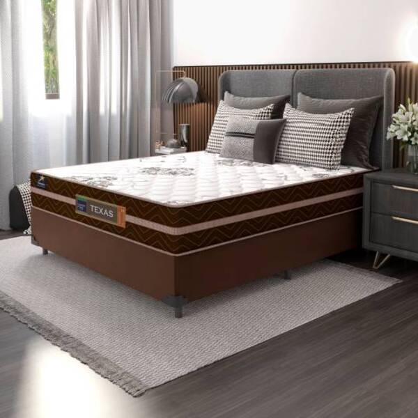 Conjunto Kit Cama Box Suede Casal Com Colchão Texas Mola Ensa