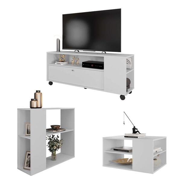 Conjunto Kit Sala De Estar Rack Mesa Aparador Opala Branco