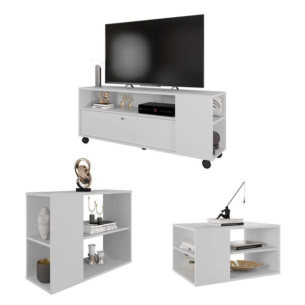 Conjunto Kit Sala De Estar Rack Mesas Opala Branco Caemmun