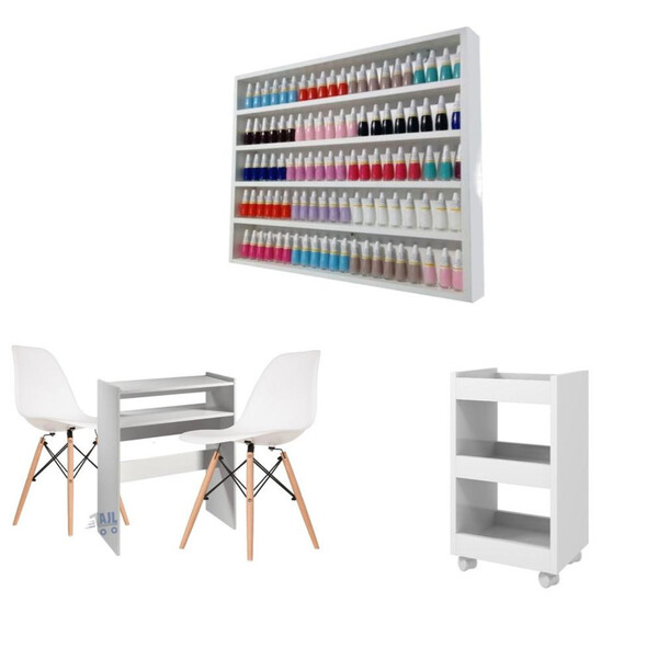 Conjunto Manicure Mesa + Porta Esmaltes Prateleira + 2 Cadeir