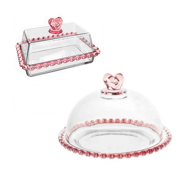 Conjunto Manteigueira E Queijeira Em Vidro Com Tampa Coração
