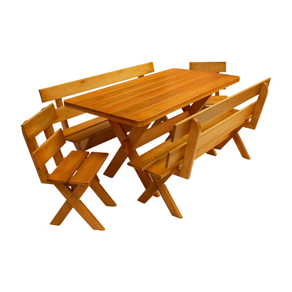 Conjunto Mesa 1,6m E 2 Bancos Com Encosto E 2 Cadeiras Madeir