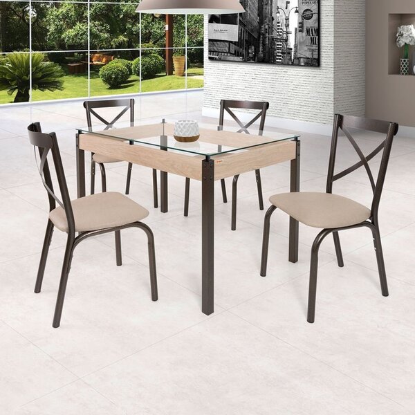 Conjunto Mesa 120cm Tampo Em Vidro Com 4 Cadeiras Karina  Bro